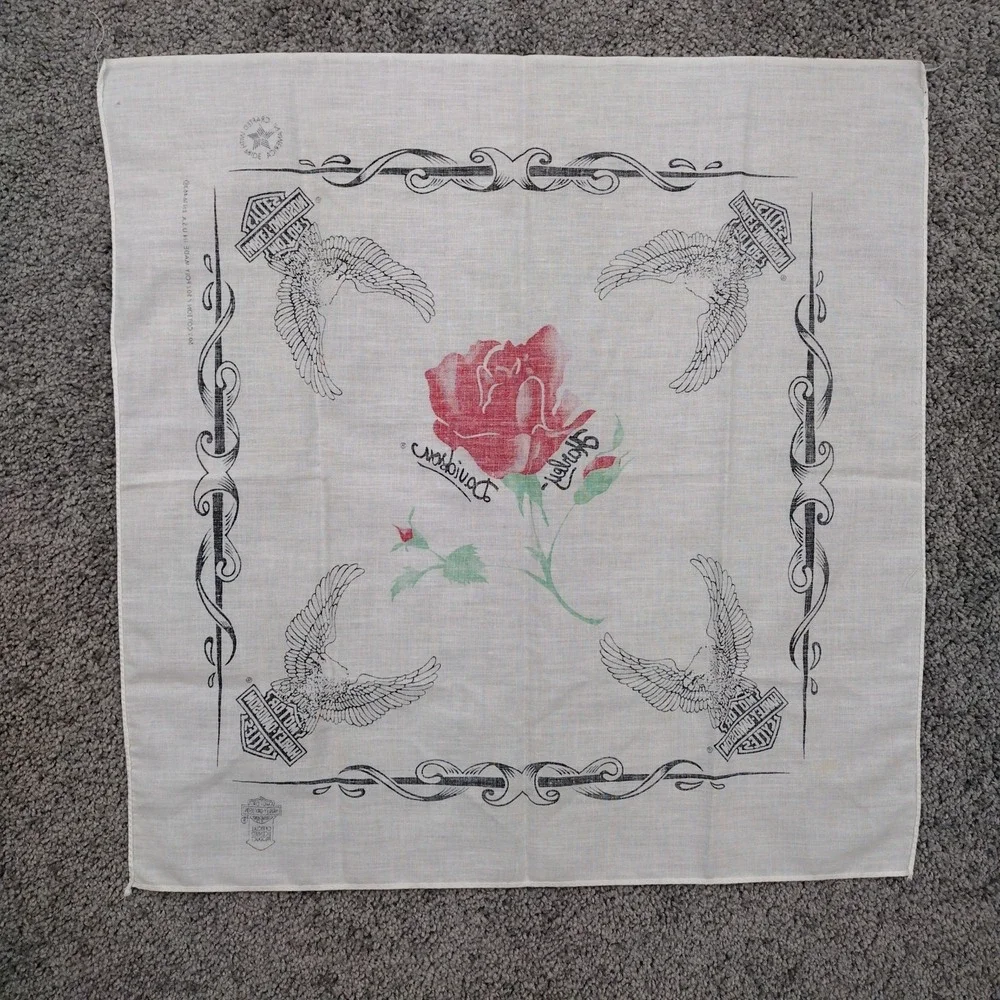 Vintage 80s Harley Davidson Bandana Rose Upwing Eagle Bar Shield USA Made White